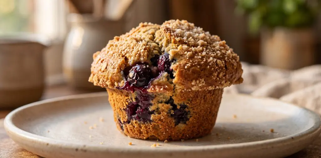 A single golden-domed muffin with a dramatic crack across its crown, blueberries bursting through.