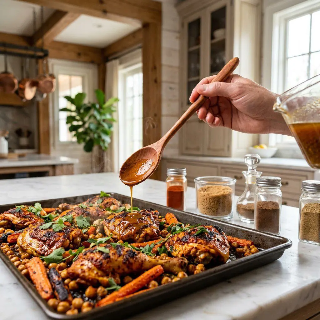 Home cook prepared steps for assembling and cooking Moroccan Sheet Pan Chicken with Sweet ‘n Salty Carrots and Chickpeas.