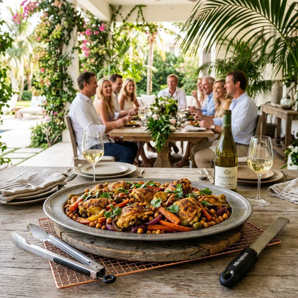 An appetizing, fresh serving of cooked Moroccan Sheet Pan Chicken with Sweet ‘n Salty Carrots and Chickpeas displayed beautifully on a styled dining table.