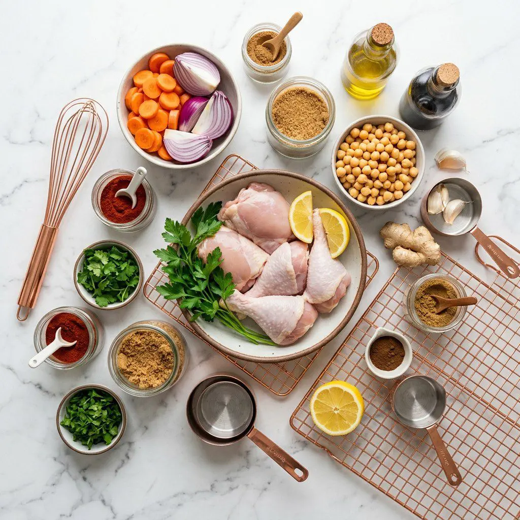Raw cooking ingredients for Moroccan Sheet Pan Chicken with Sweet ‘n Salty Carrots and Chickpeas arranged beautifully on a clean kitchen counter.