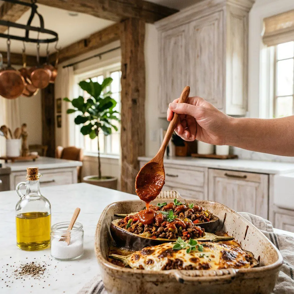 Home cook prepared steps for assembling and cooking Moussaka Stuffed Eggplant.