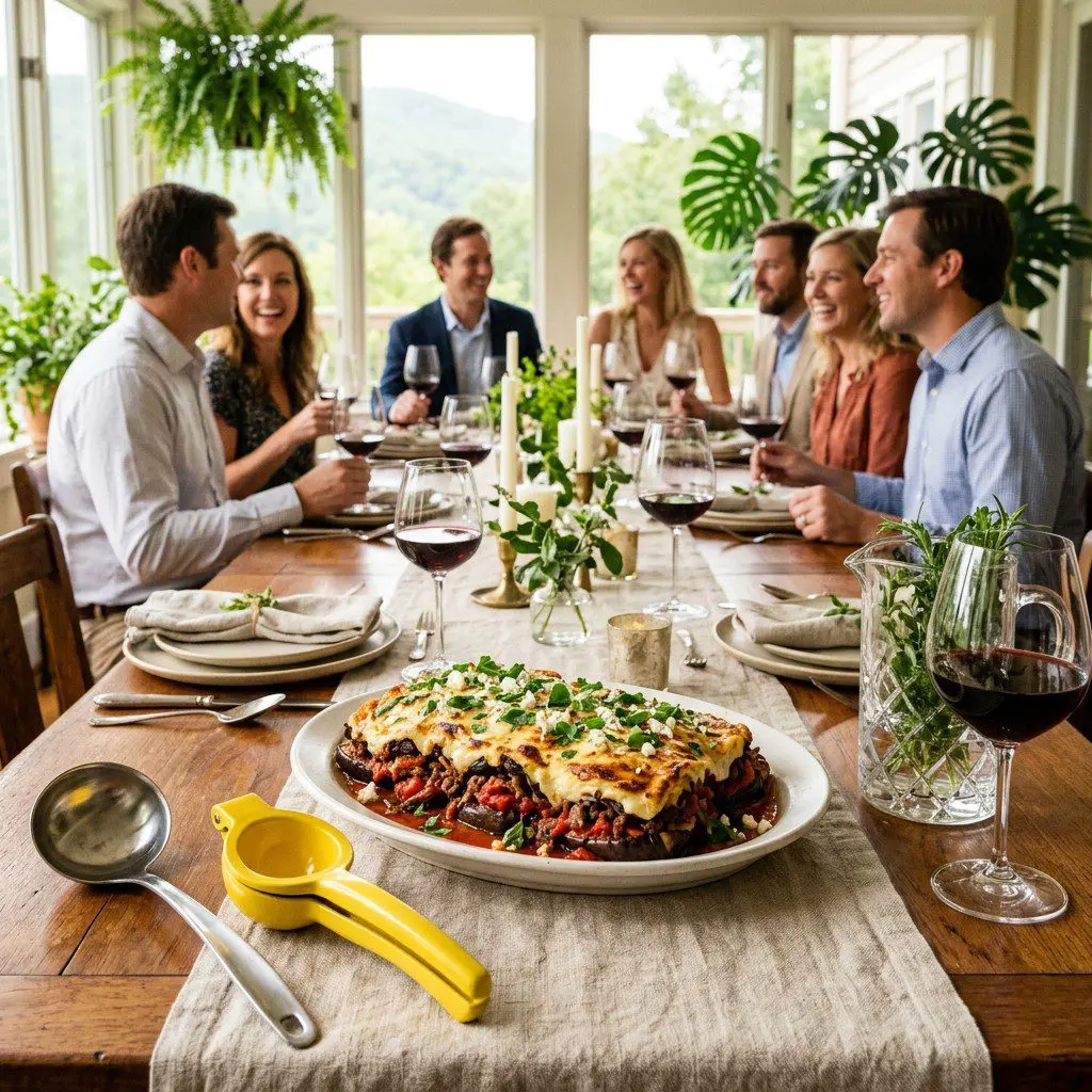 An appetizing, fresh serving of cooked Moussaka Stuffed Eggplant displayed beautifully on a styled dining table.