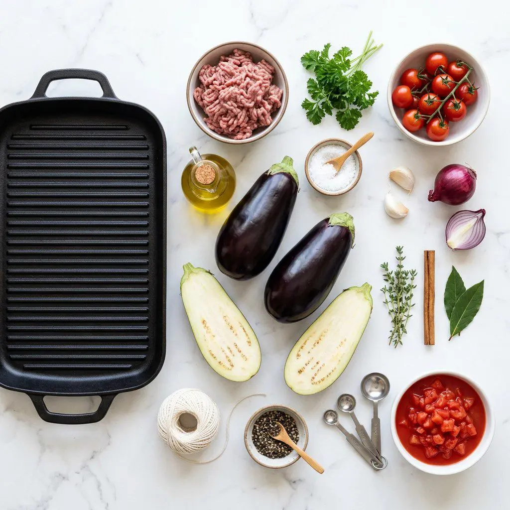 Raw cooking ingredients for Moussaka Stuffed Eggplant arranged beautifully on a clean kitchen counter.