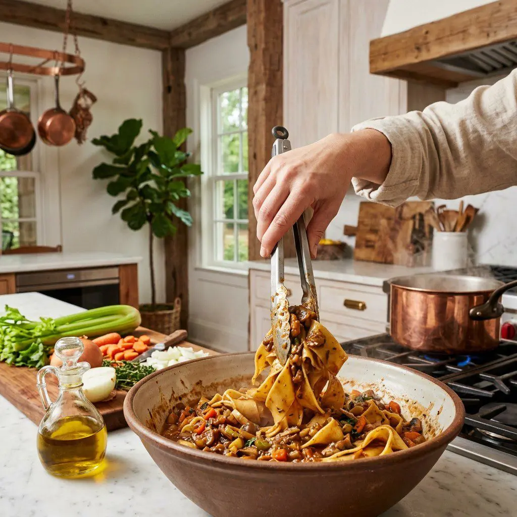 Home cook prepared steps for assembling and cooking Mushroom Bolognese Sauce over Pasta Rags.