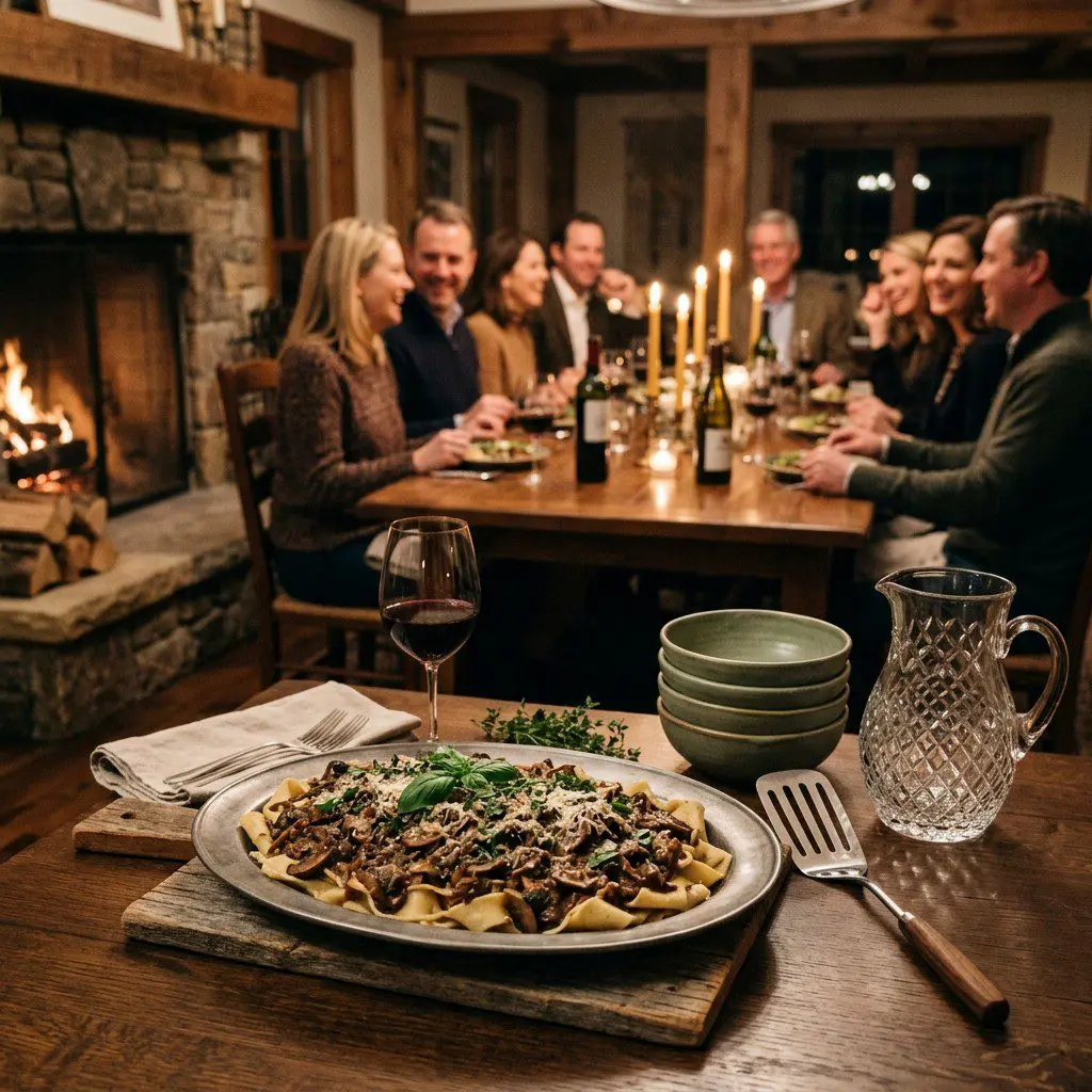An appetizing, fresh serving of cooked Mushroom Bolognese Sauce over Pasta Rags displayed beautifully on a styled dining table.