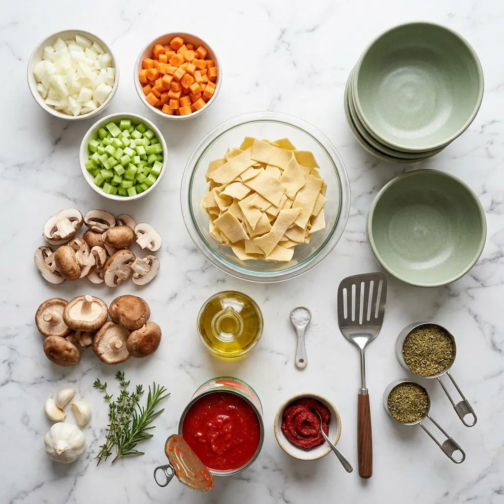 Raw cooking ingredients for Mushroom Bolognese Sauce over Pasta Rags arranged beautifully on a clean kitchen counter.