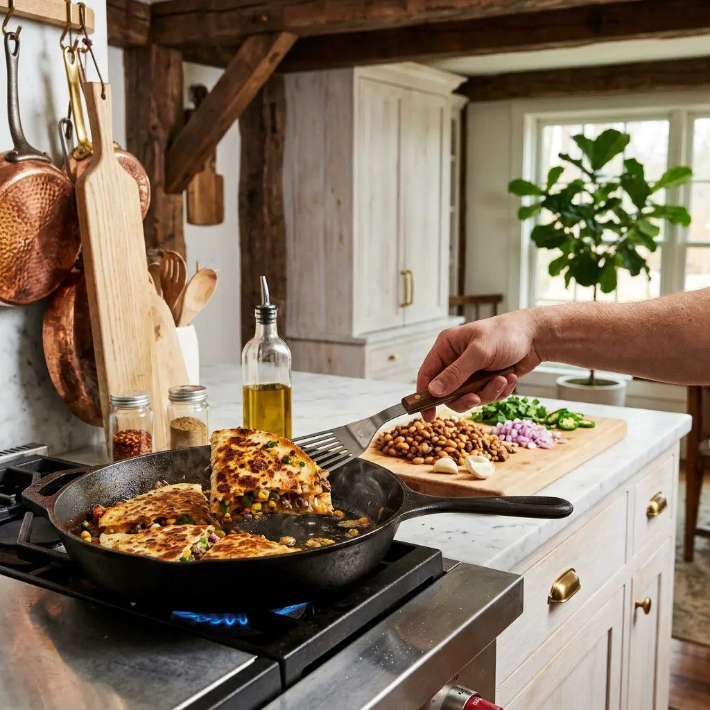 Home cook prepared steps for assembling and cooking Navy Bean, Beef and Toasted Corn Quesadillas.