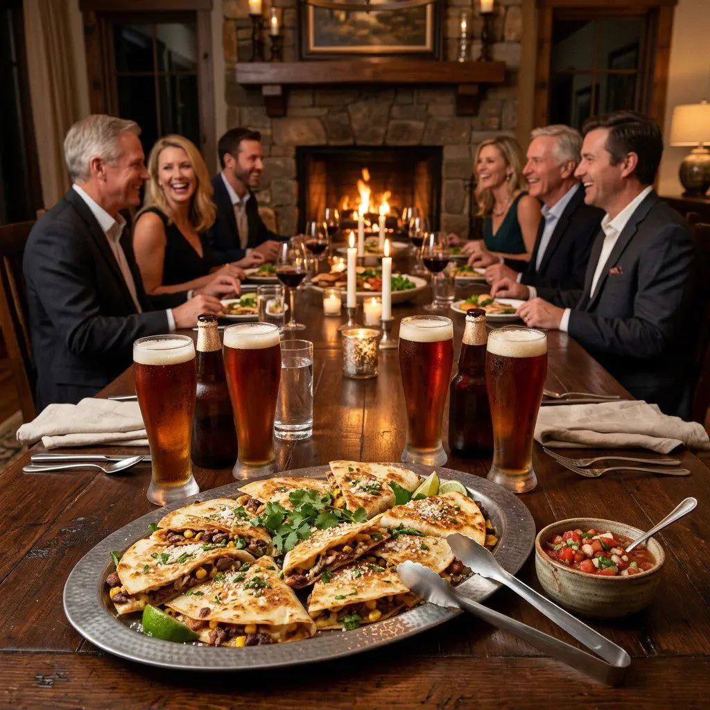 An appetizing, fresh serving of cooked Navy Bean, Beef and Toasted Corn Quesadillas displayed beautifully on a styled dining table.