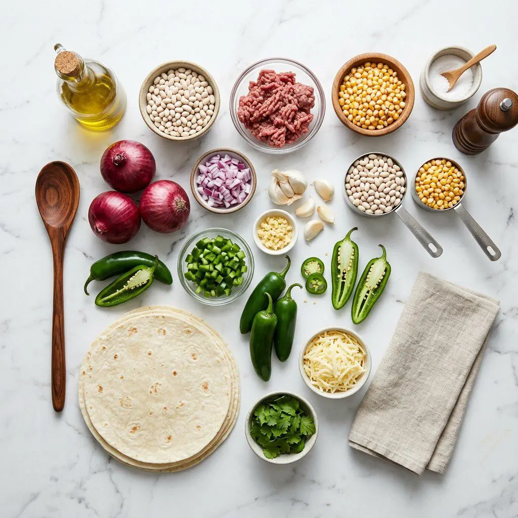 Raw cooking ingredients for Navy Bean, Beef and Toasted Corn Quesadillas arranged beautifully on a clean kitchen counter.