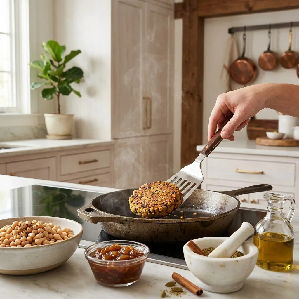 Home cook prepared steps for assembling and cooking Navy Bean Veggie Burgers with Maple Onion Jam.