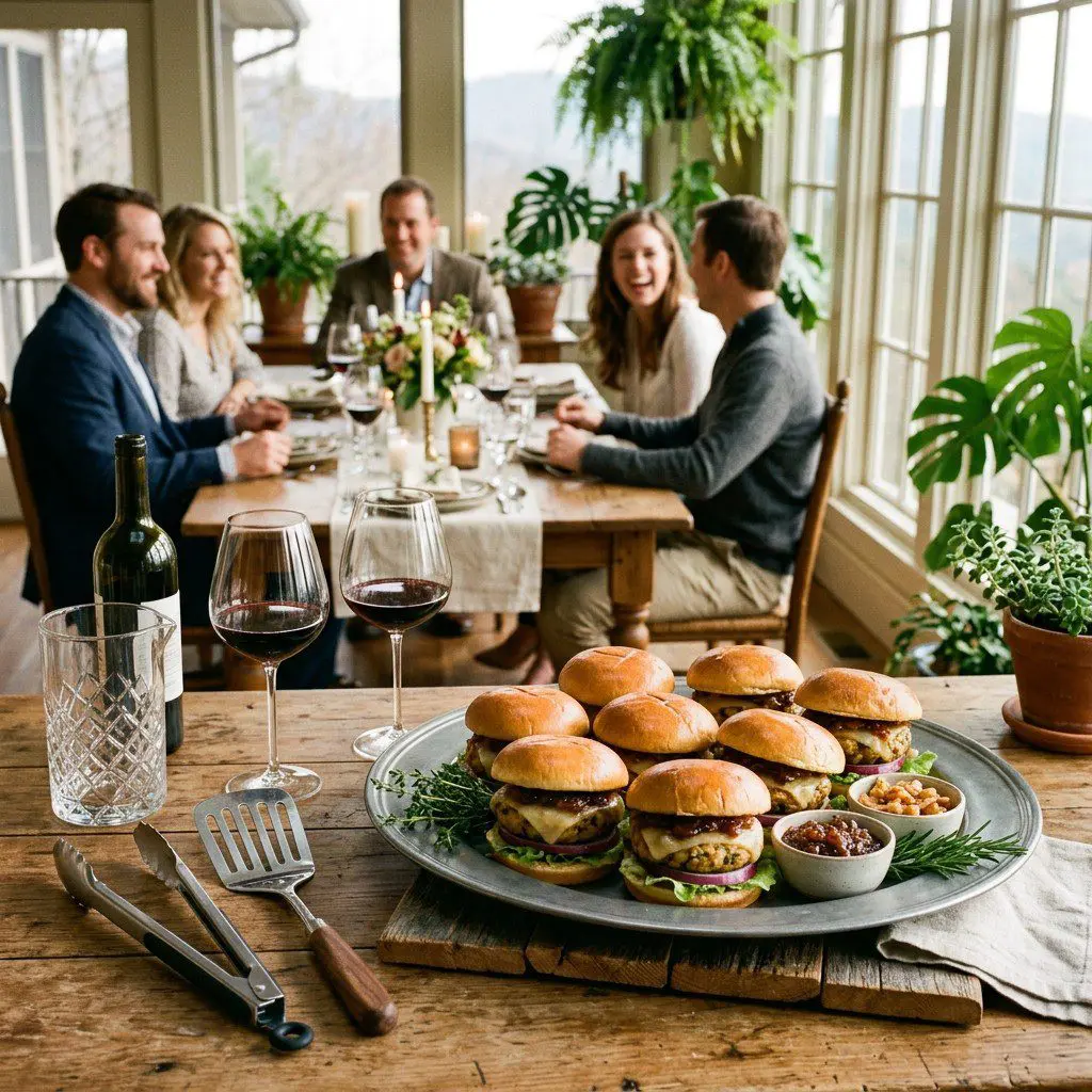 An appetizing, fresh serving of cooked Navy Bean Veggie Burgers with Maple Onion Jam displayed beautifully on a styled dining table.