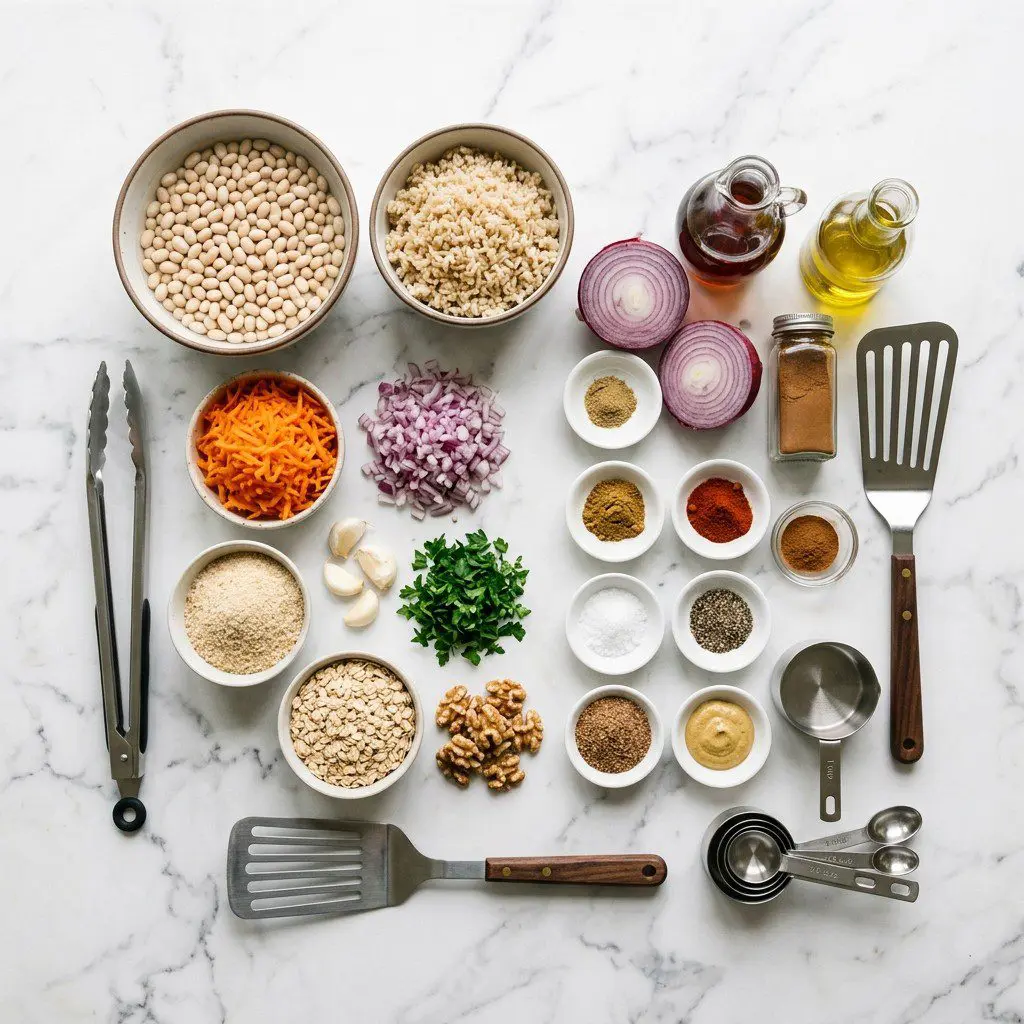 Raw cooking ingredients for Navy Bean Veggie Burgers with Maple Onion Jam arranged beautifully on a clean kitchen counter.