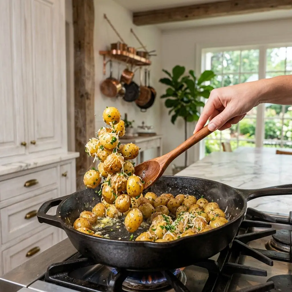 Home cook prepared steps for assembling and cooking New Potatoes with Truffle Oil, Parmesan Cheese, and Parsley.