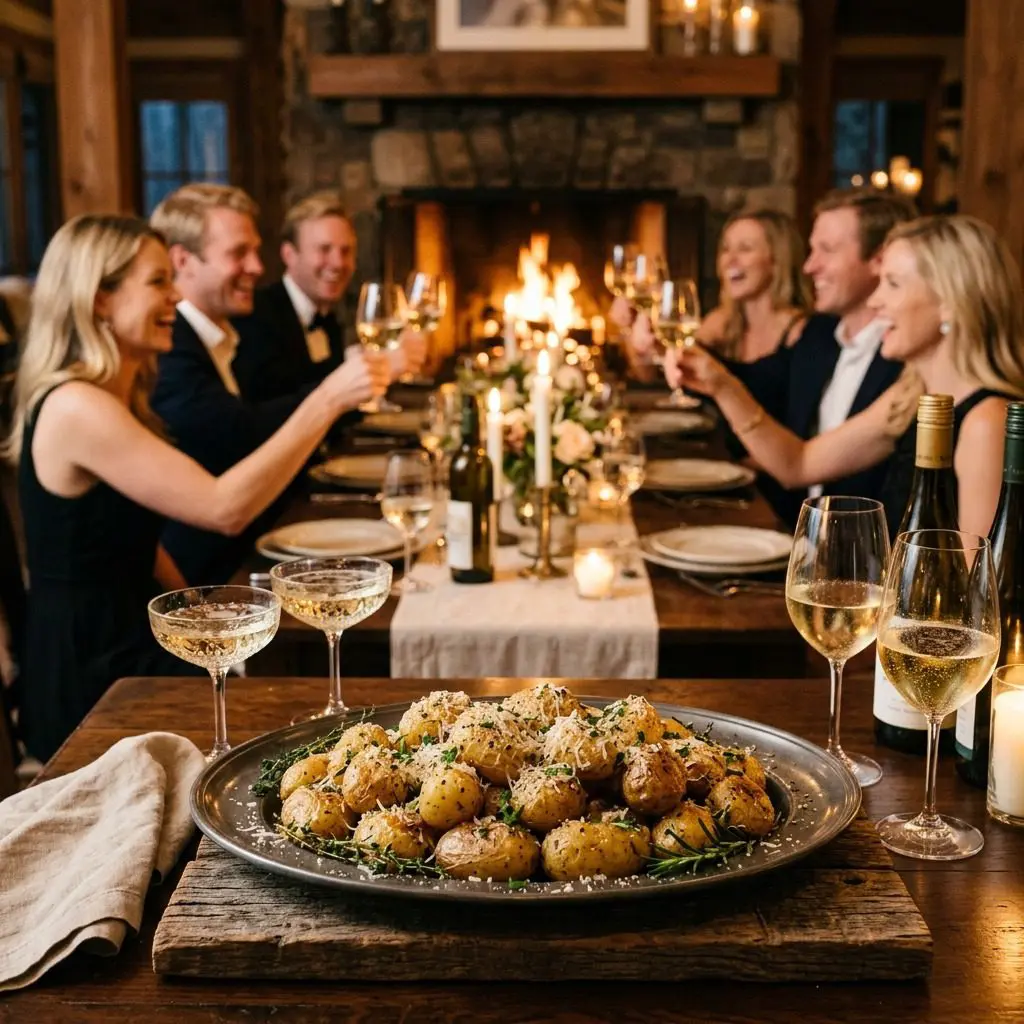 An appetizing, fresh serving of cooked New Potatoes with Truffle Oil, Parmesan Cheese, and Parsley displayed beautifully on a styled dining table.
