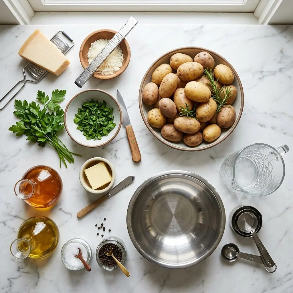 Raw cooking ingredients for New Potatoes with Truffle Oil, Parmesan Cheese, and Parsley arranged beautifully on a clean kitchen counter.