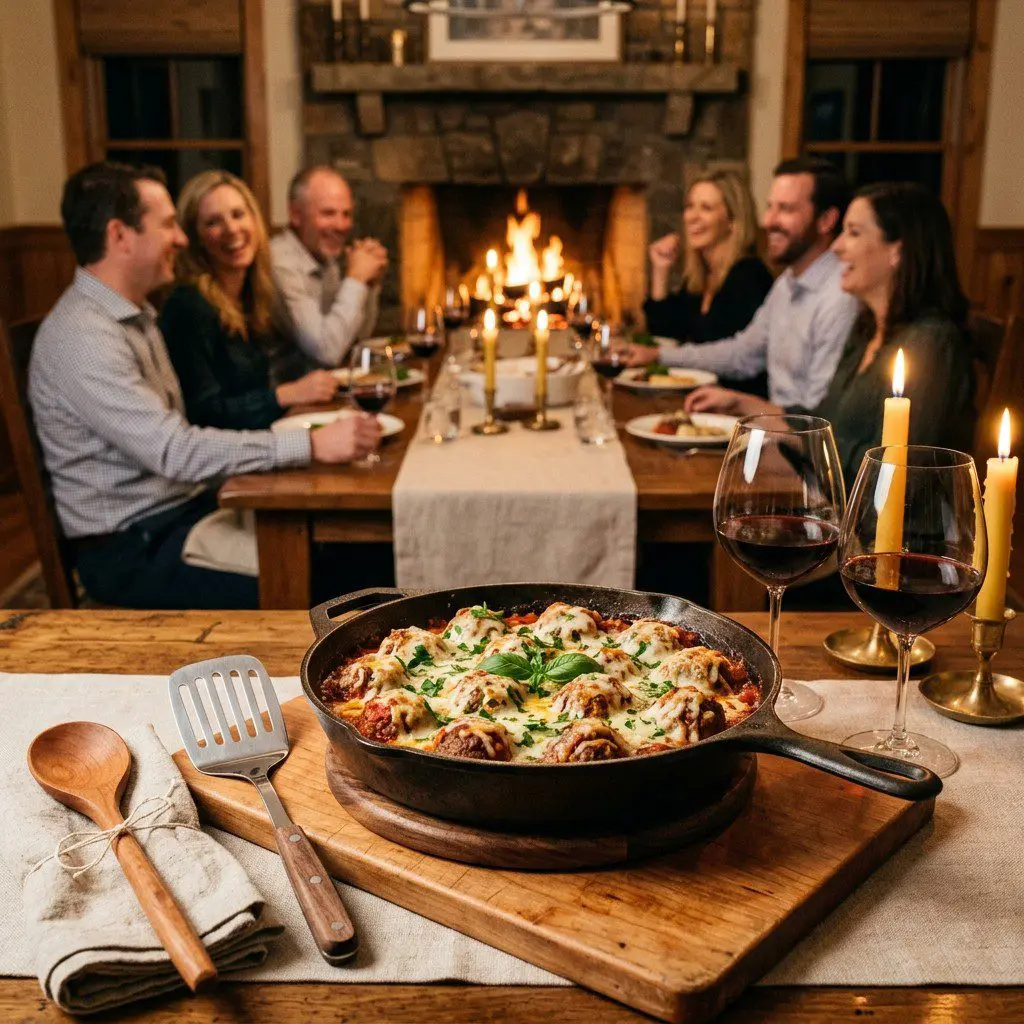 An appetizing, fresh serving of cooked Now That’s a Cheesy Lamb Meatball displayed beautifully on a styled dining table.