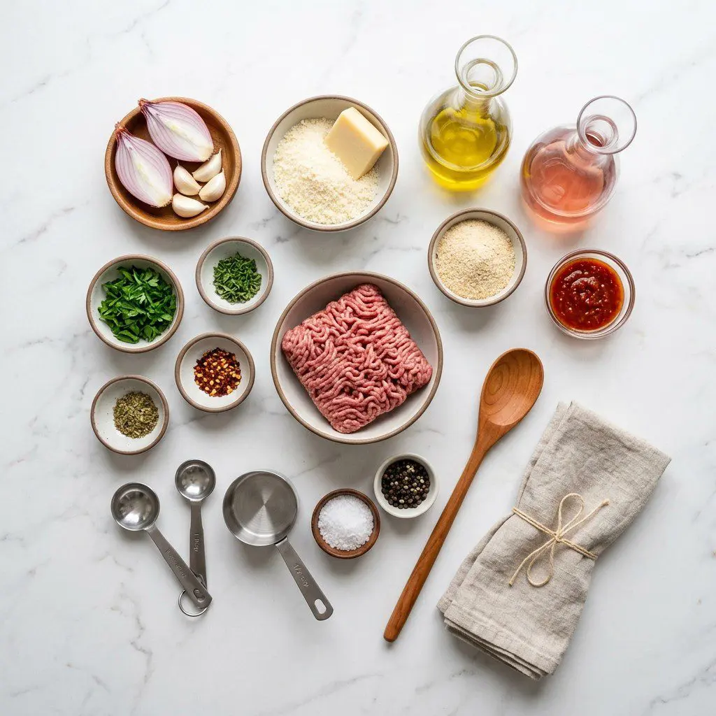 Raw cooking ingredients for Now That’s a Cheesy Lamb Meatball arranged beautifully on a clean kitchen counter.