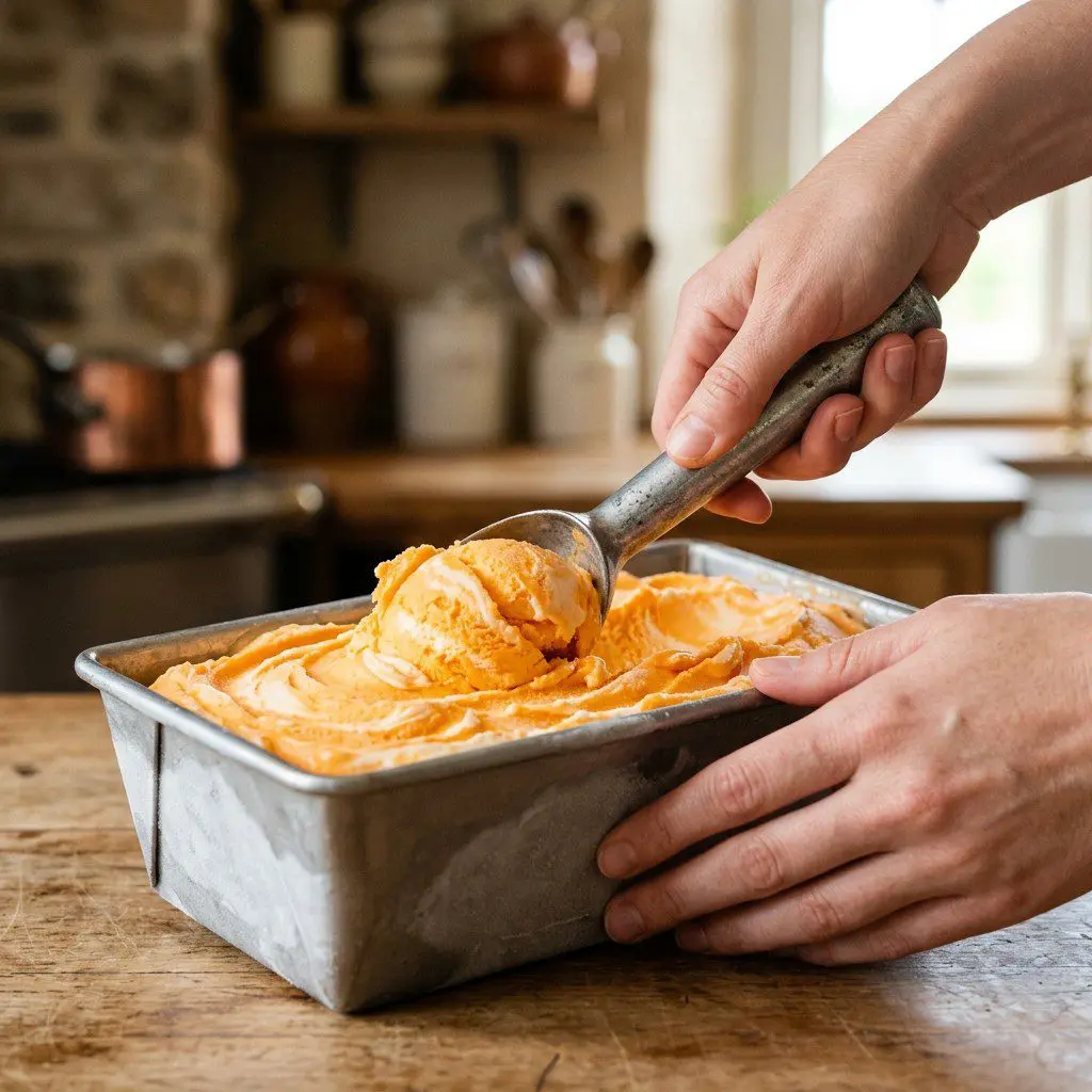 Home cook prepared steps for assembling and cooking Orange Creamsicle Sherbet.