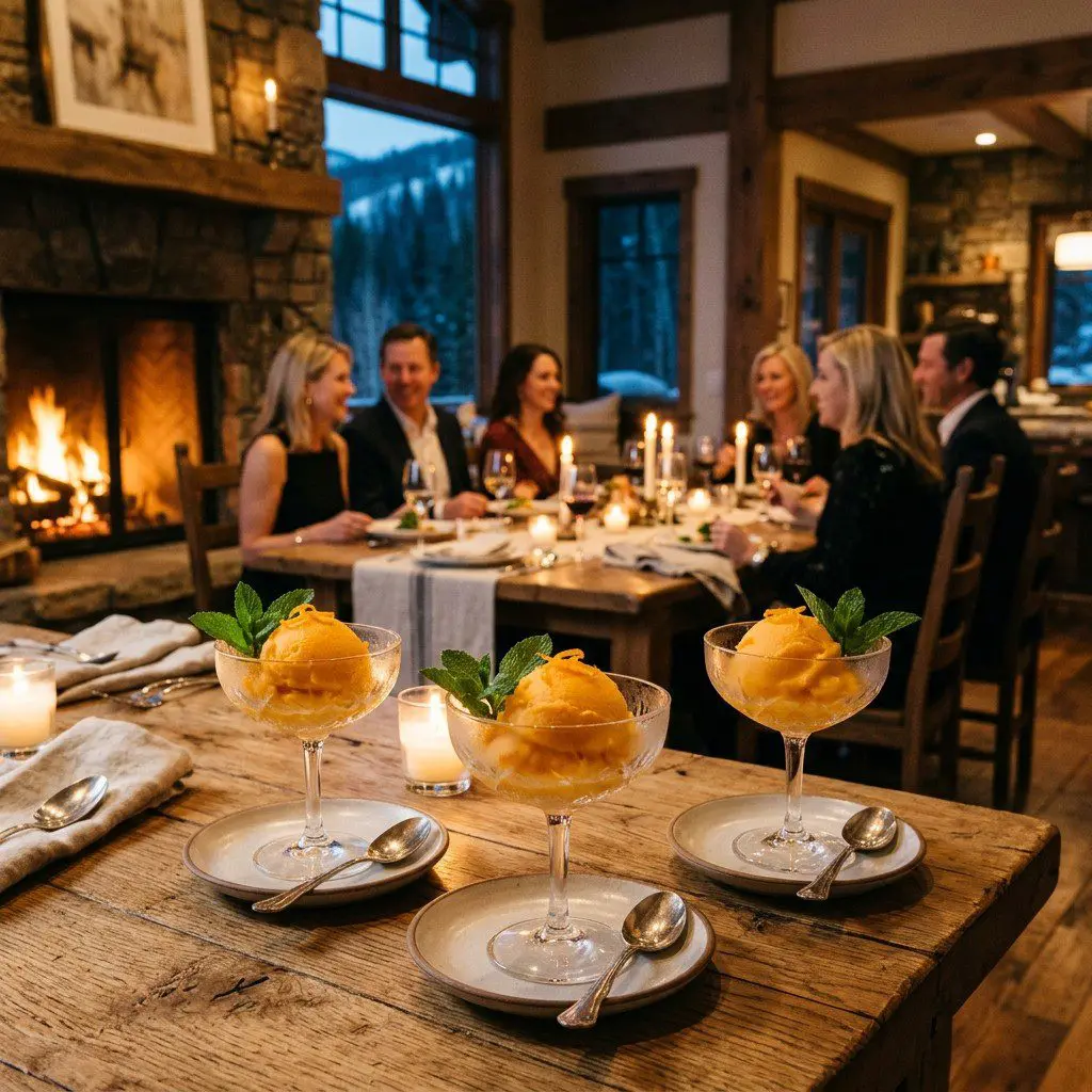 An appetizing, fresh serving of cooked Orange Creamsicle Sherbet displayed beautifully on a styled dining table.