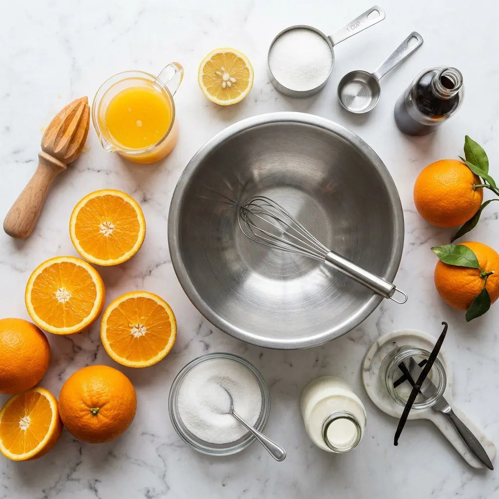 Raw cooking ingredients for Orange Creamsicle Sherbet arranged beautifully on a clean kitchen counter.