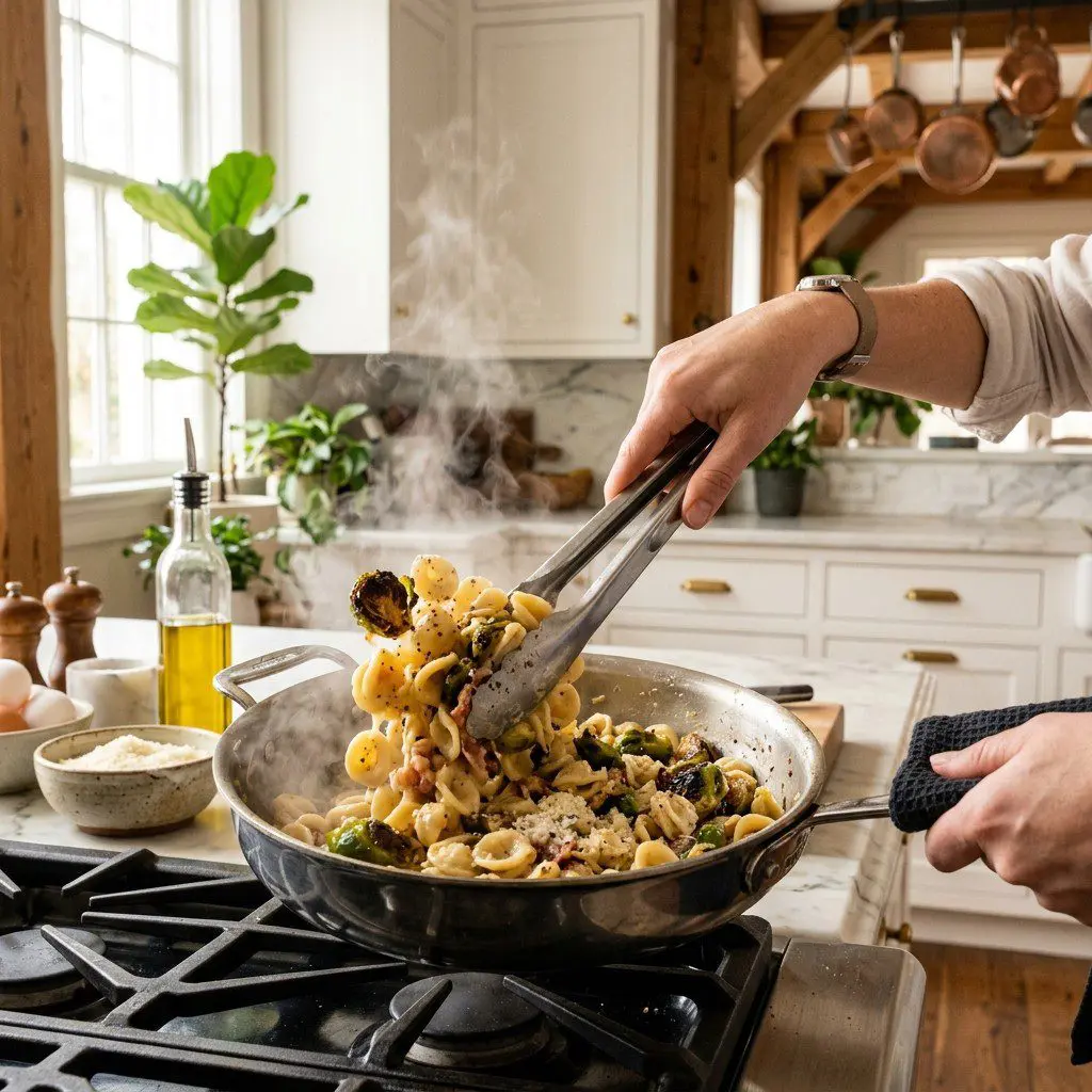 Home cook prepared steps for assembling and cooking Orecchiette Carbonara with Charred Brussels Sprouts.
