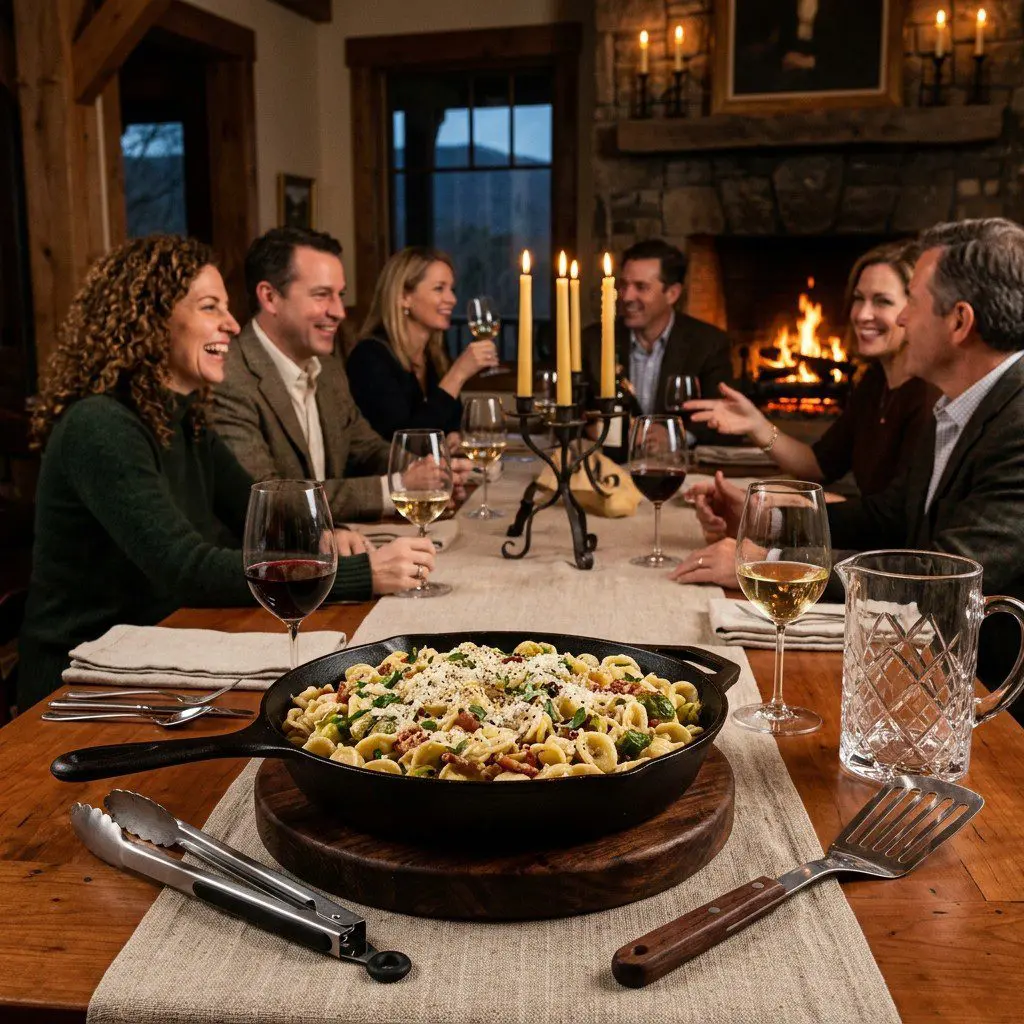 An appetizing, fresh serving of cooked Orecchiette Carbonara with Charred Brussels Sprouts displayed beautifully on a styled dining table.