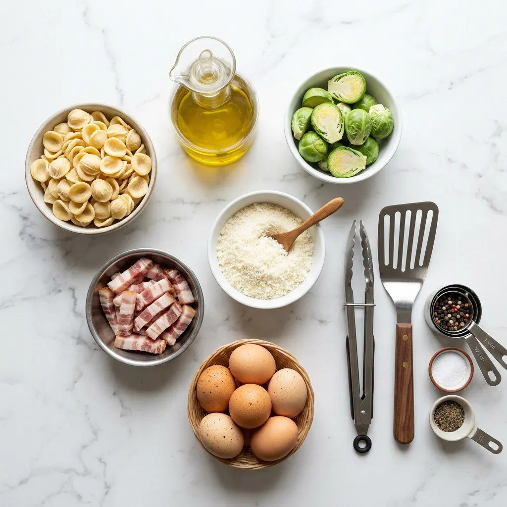 Raw cooking ingredients for Orecchiette Carbonara with Charred Brussels Sprouts arranged beautifully on a clean kitchen counter.