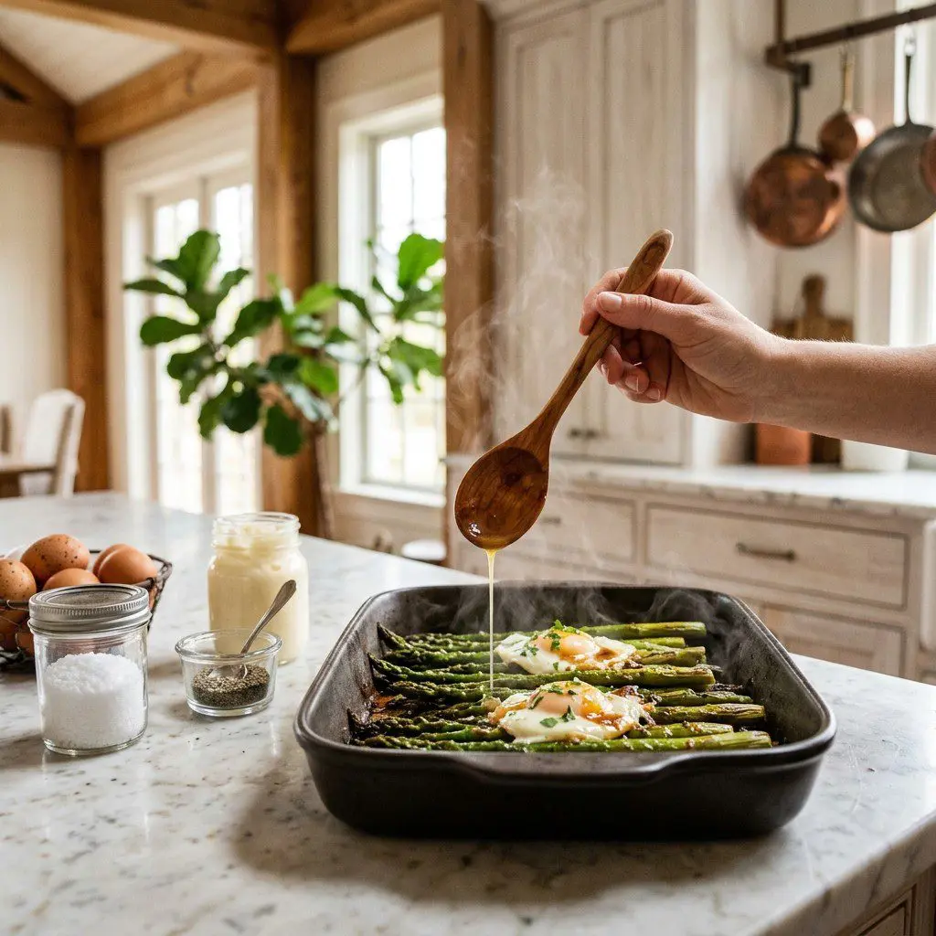 Home cook prepared steps for assembling and cooking Oven Baked Asparagus with Glazed Eggs.
