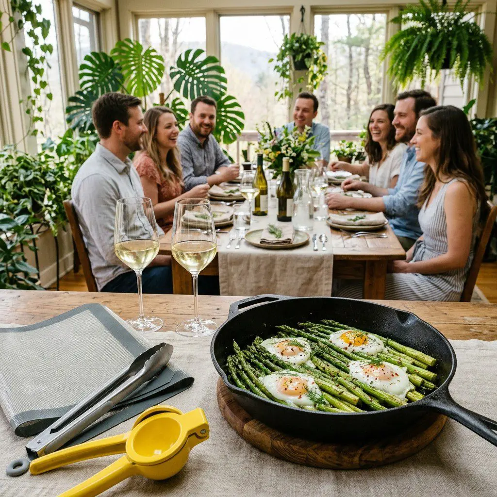 An appetizing, fresh serving of cooked Oven Baked Asparagus with Glazed Eggs displayed beautifully on a styled dining table.