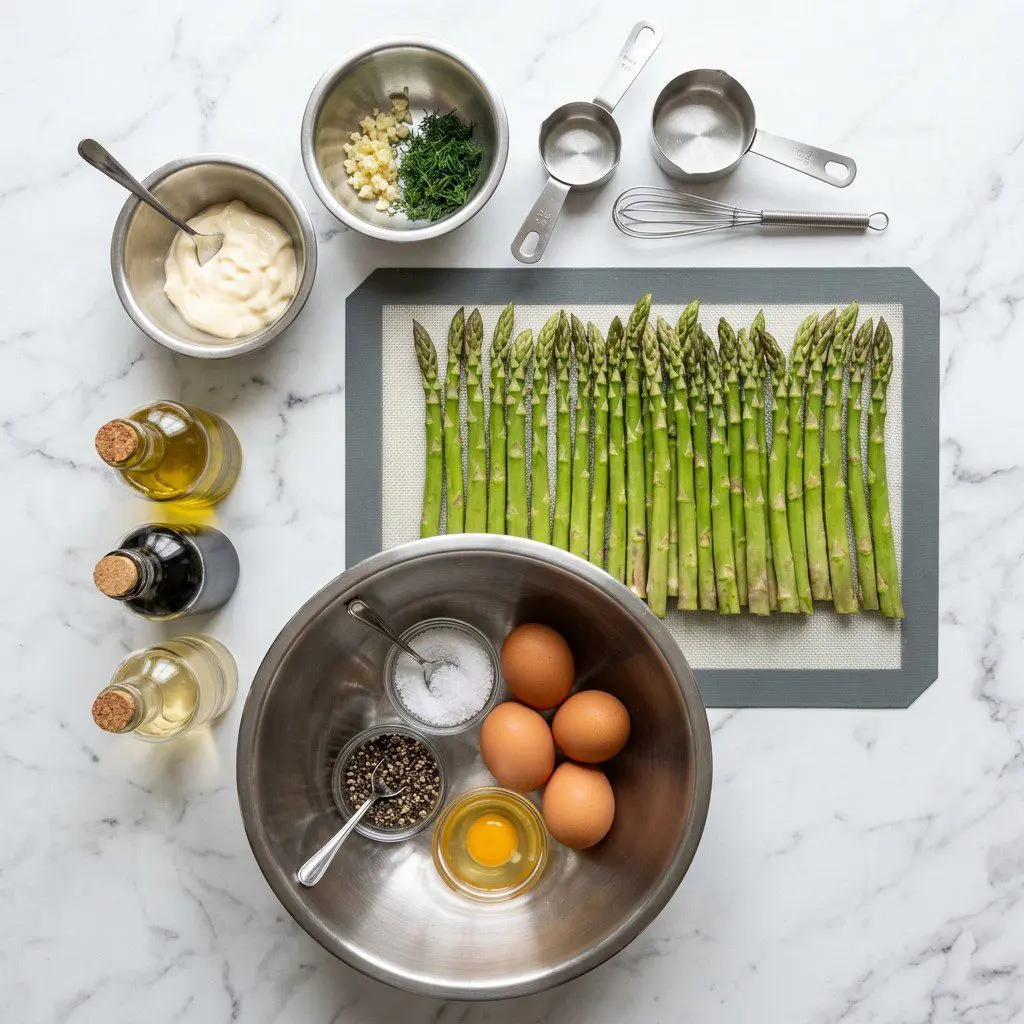 Raw cooking ingredients for Oven Baked Asparagus with Glazed Eggs arranged beautifully on a clean kitchen counter.