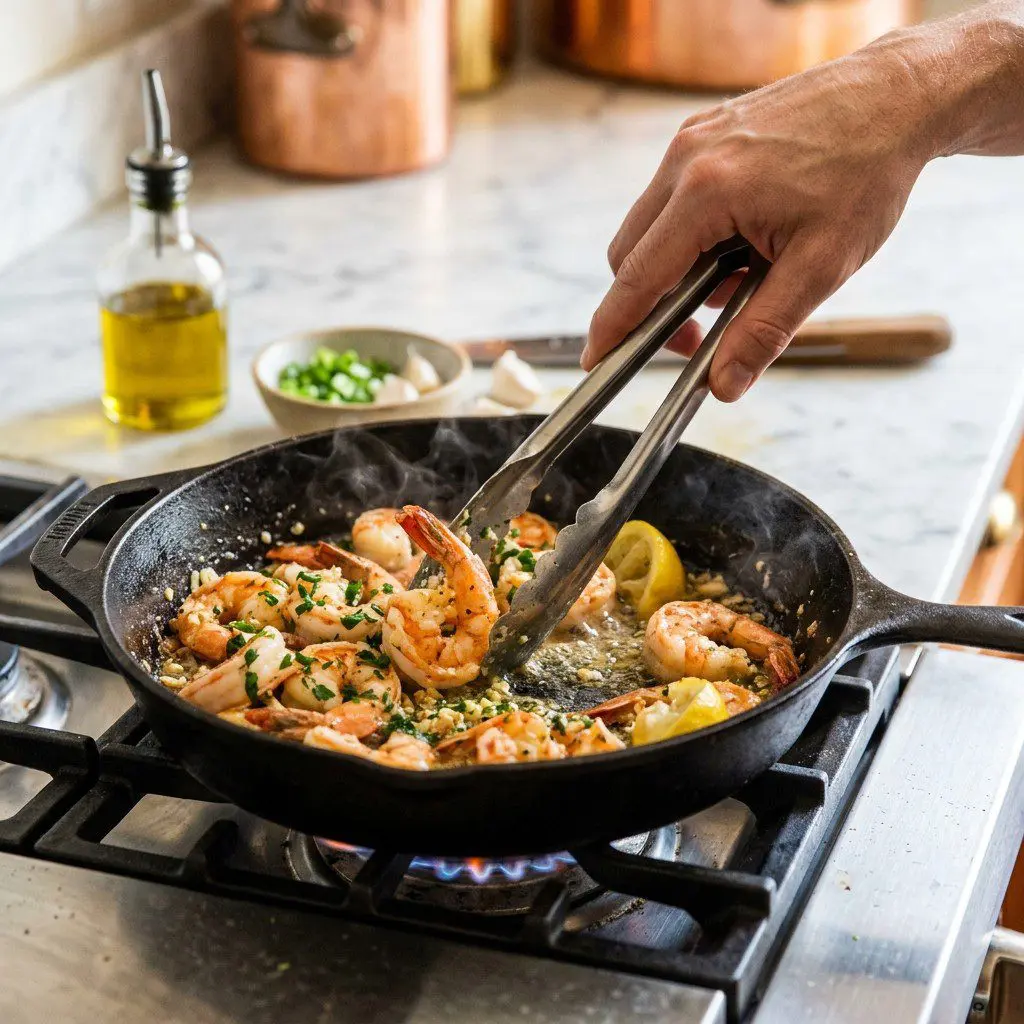 Home cook prepared steps for assembling and cooking Oven Roasted Shrimp Scampi.