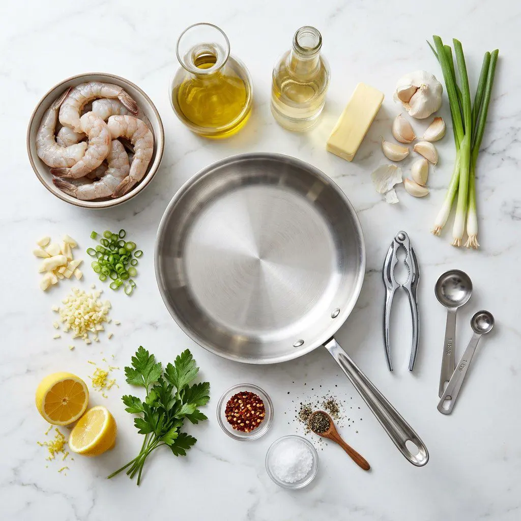 Raw cooking ingredients for Oven Roasted Shrimp Scampi arranged beautifully on a clean kitchen counter.