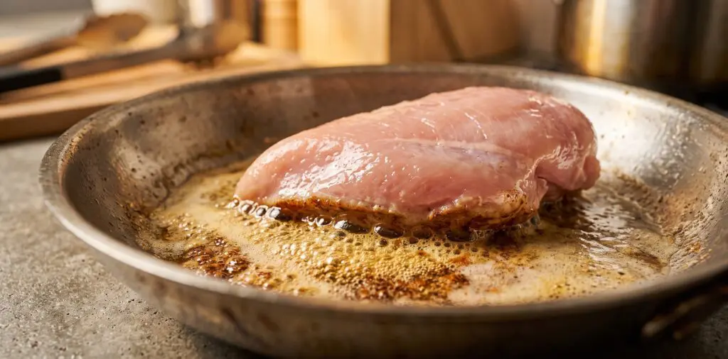 A chicken breast searing in a pan, golden crust forming, browned butter foaming dramatically around it.