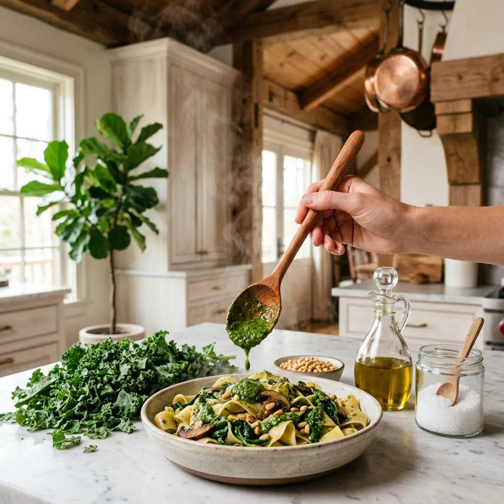 Home cook prepared steps for assembling and cooking Pappardelle with Kale Pesto, Spinach and Portobello Mushrooms.