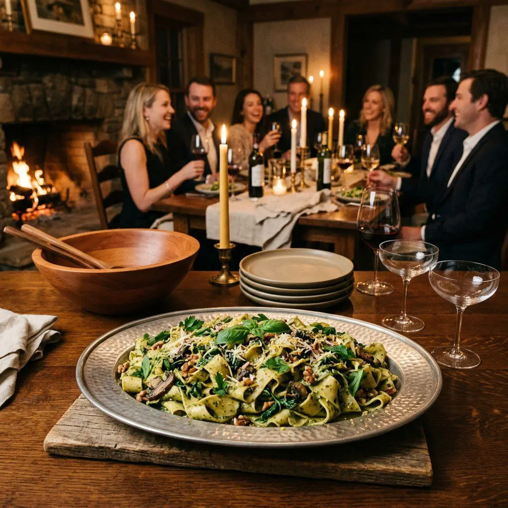 An appetizing, fresh serving of cooked Pappardelle with Kale Pesto, Spinach and Portobello Mushrooms displayed beautifully on a styled dining table.
