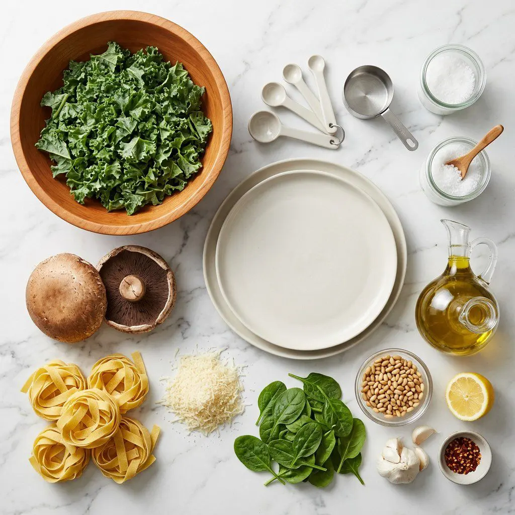 Raw cooking ingredients for Pappardelle with Kale Pesto, Spinach and Portobello Mushrooms arranged beautifully on a clean kitchen counter.