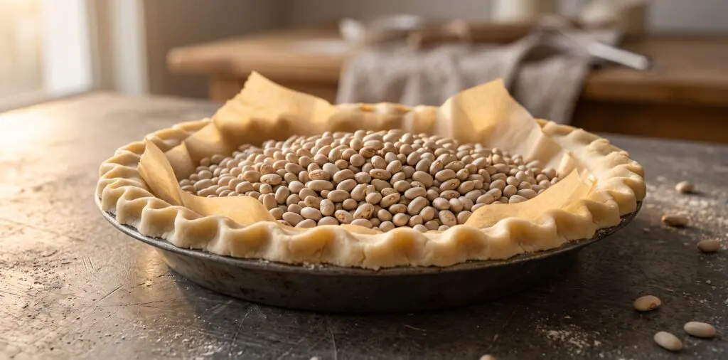 A pale pie shell with crimped scallop edges, filled with parchment and dried navy beans as pie weights.