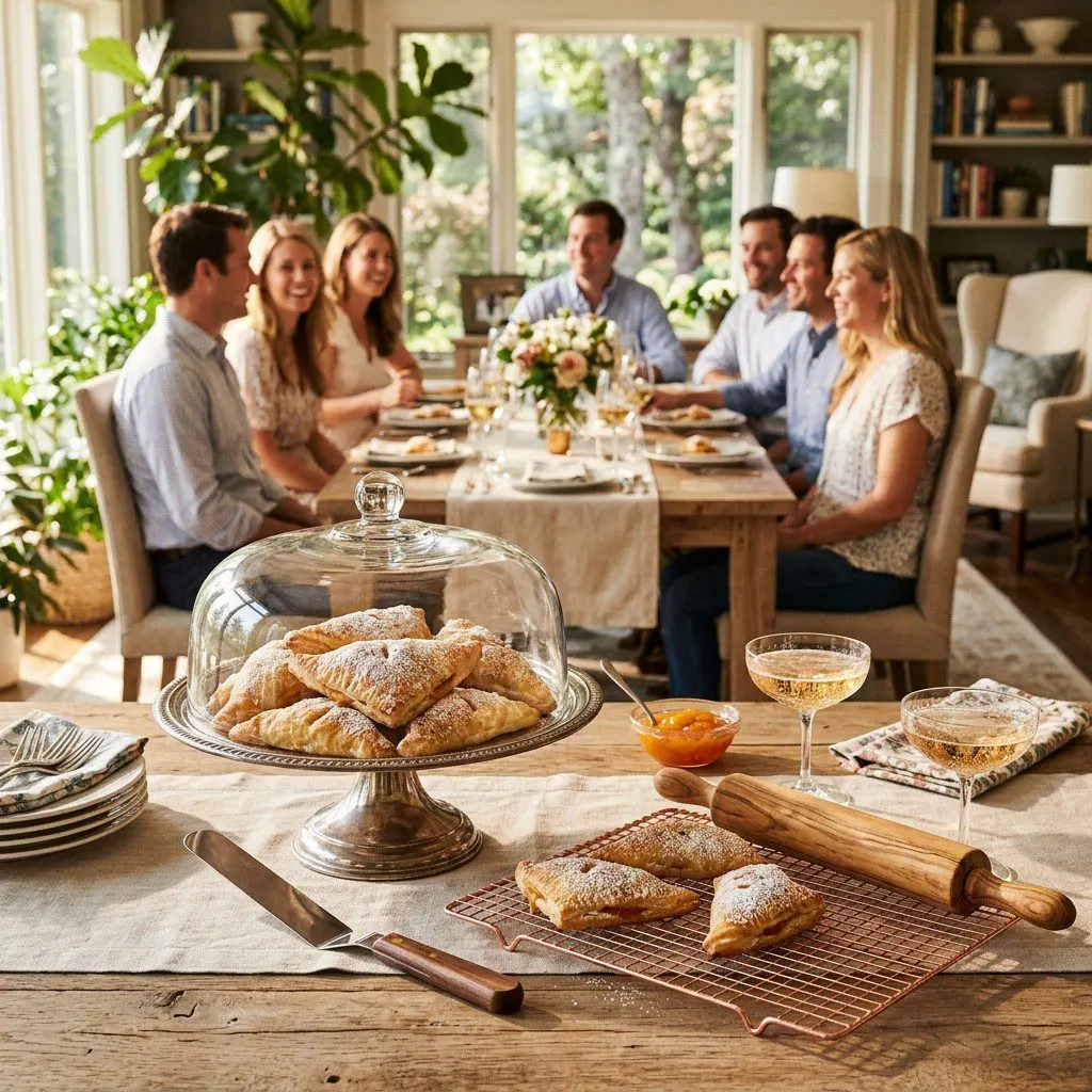 An appetizing, fresh serving of cooked Peach Turnovers displayed beautifully on a styled dining table.