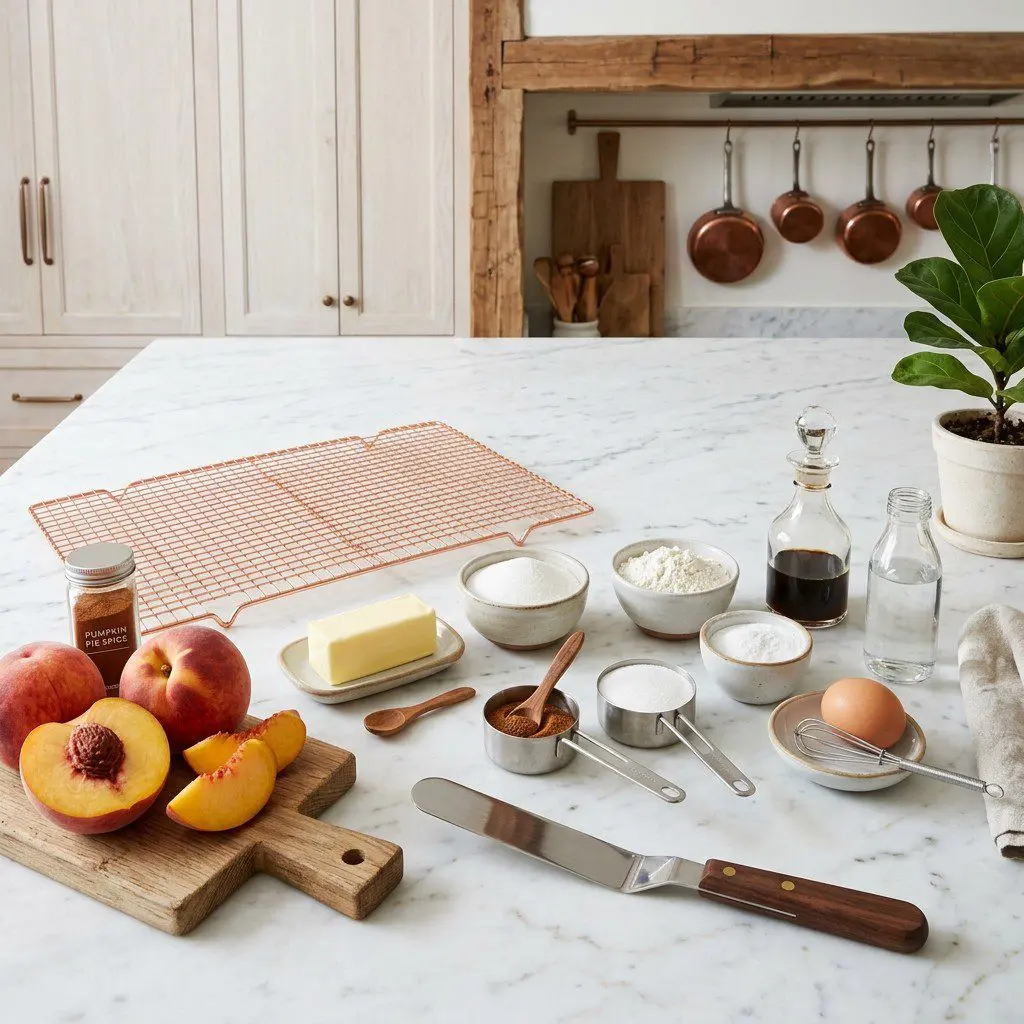 Raw cooking ingredients for Peach Turnovers arranged beautifully on a clean kitchen counter.