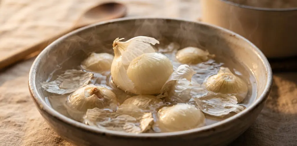 Pearl onions in hot water, their papery skins loosening and peeling back, glistening ivory bulbs emerging.