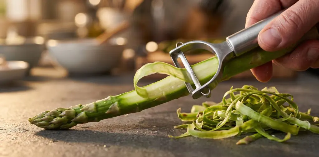 A Y-peeler drawing a long translucent ribbon of asparagus skin, the pale ivory stalk exposed beneath.