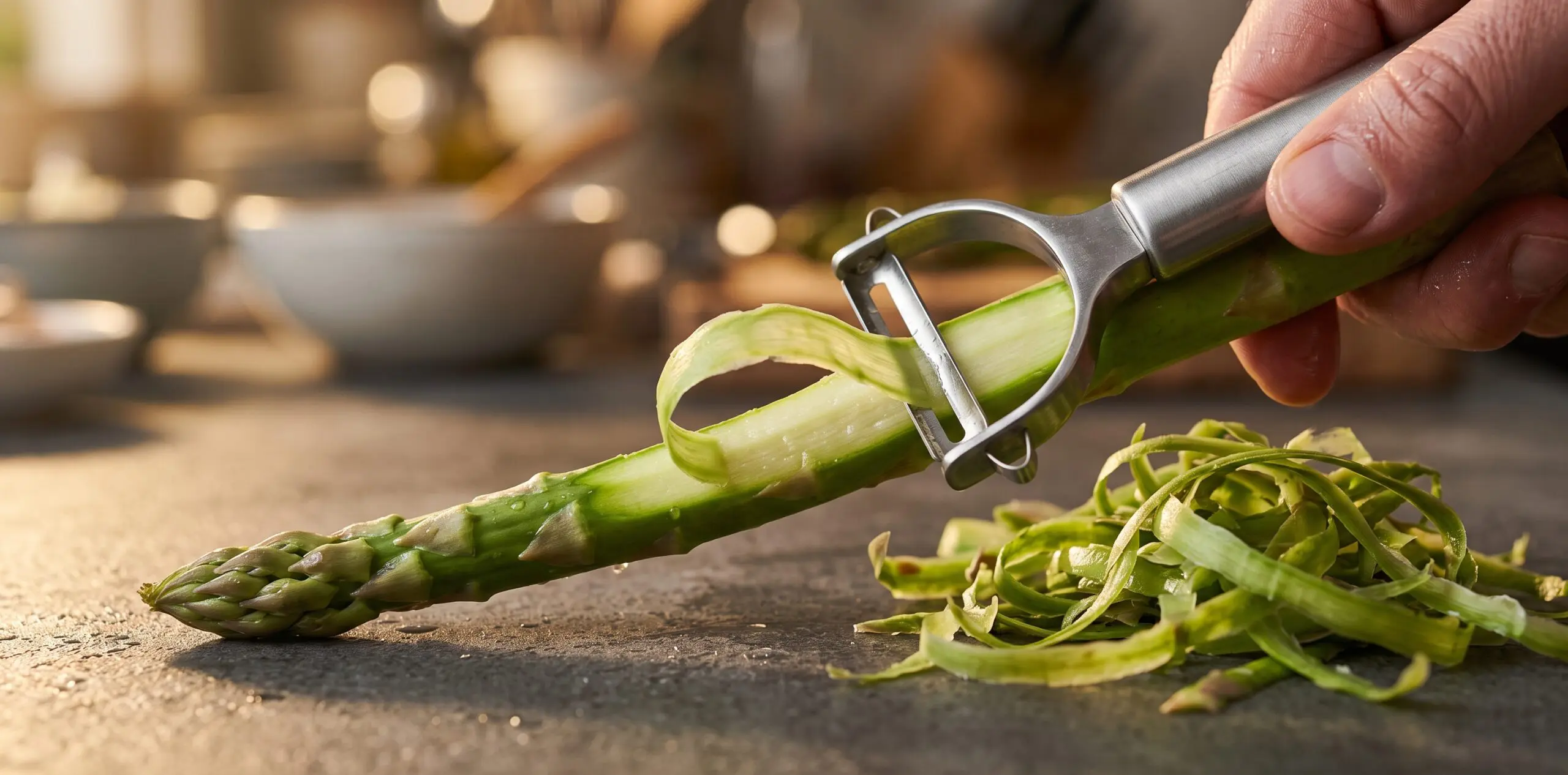 A Y-peeler drawing a long translucent ribbon of asparagus skin, the pale ivory stalk exposed beneath.