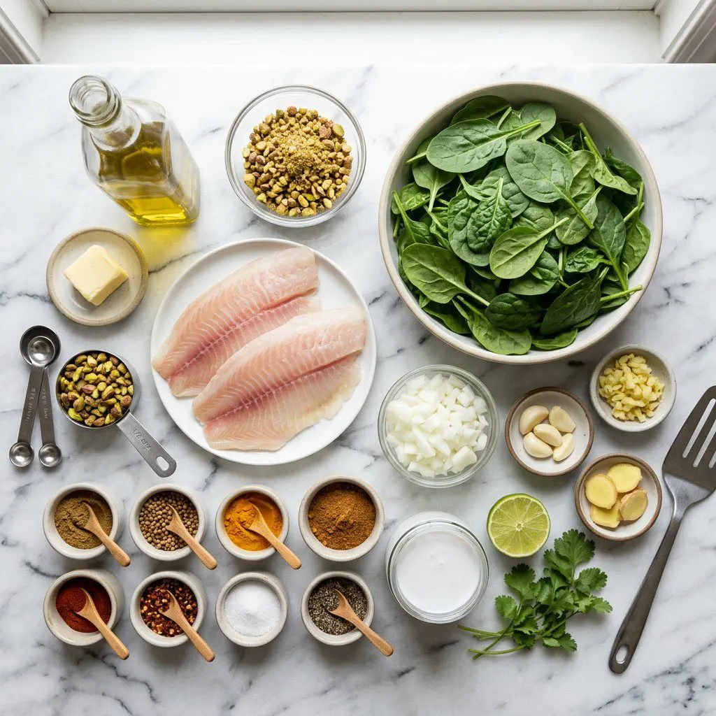 Raw cooking ingredients for Pistachio Crusted Tilapia with Sautéed Spinach and Creamy Coconut Curry Sauce arranged beautifully on a clean kitchen counter.
