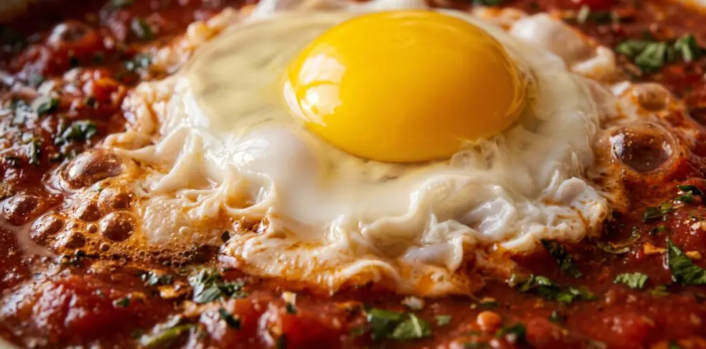 A raw egg broken into a bubbling crimson tomato sauce, the white just beginning to set.