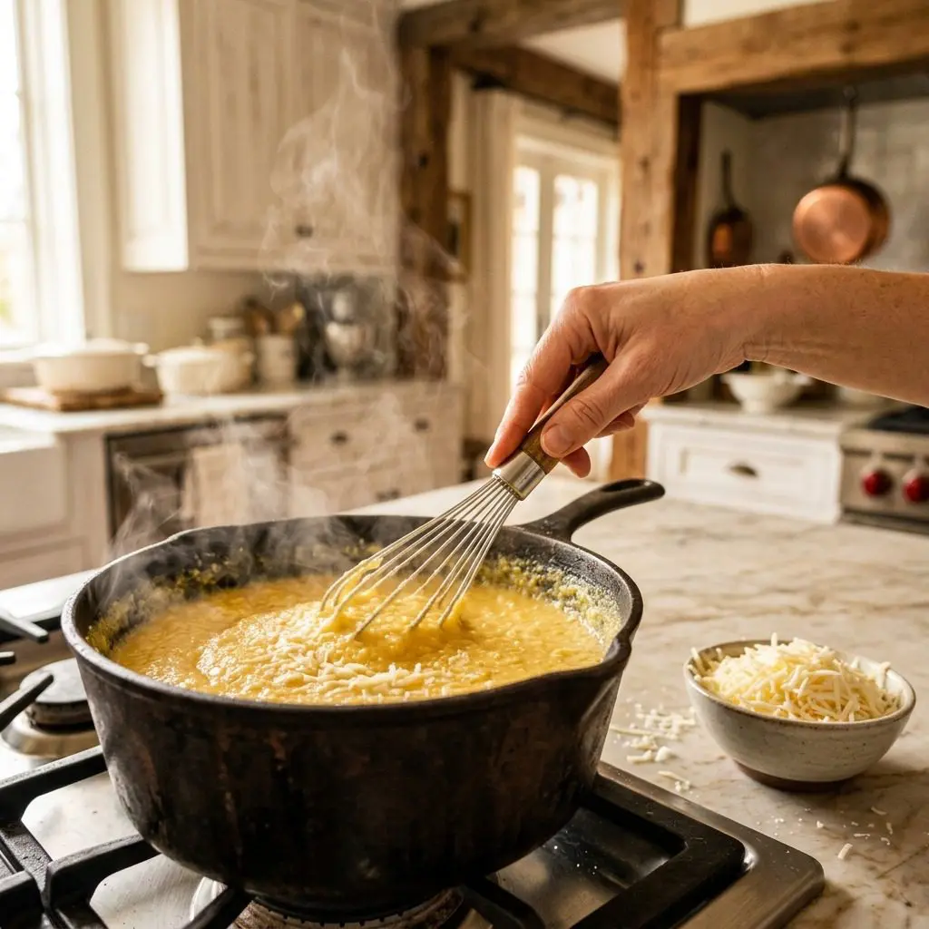 Home cook prepared steps for assembling and cooking Polenta with Asiago Cheese.