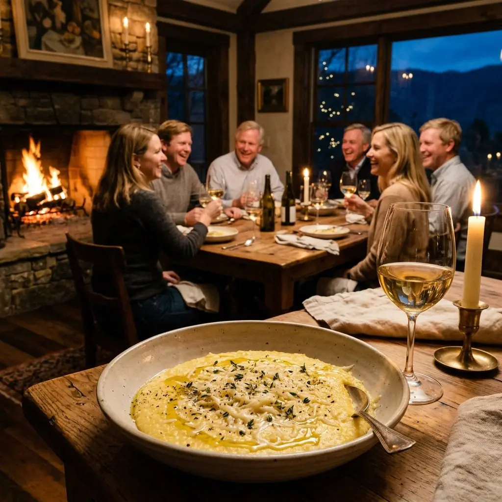 An appetizing, fresh serving of cooked Polenta with Asiago Cheese displayed beautifully on a styled dining table.
