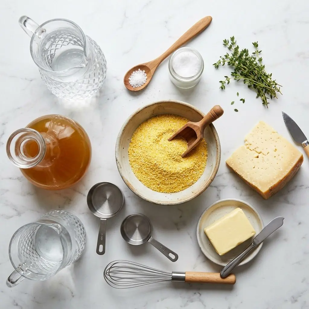Raw cooking ingredients for Polenta with Asiago Cheese arranged beautifully on a clean kitchen counter.