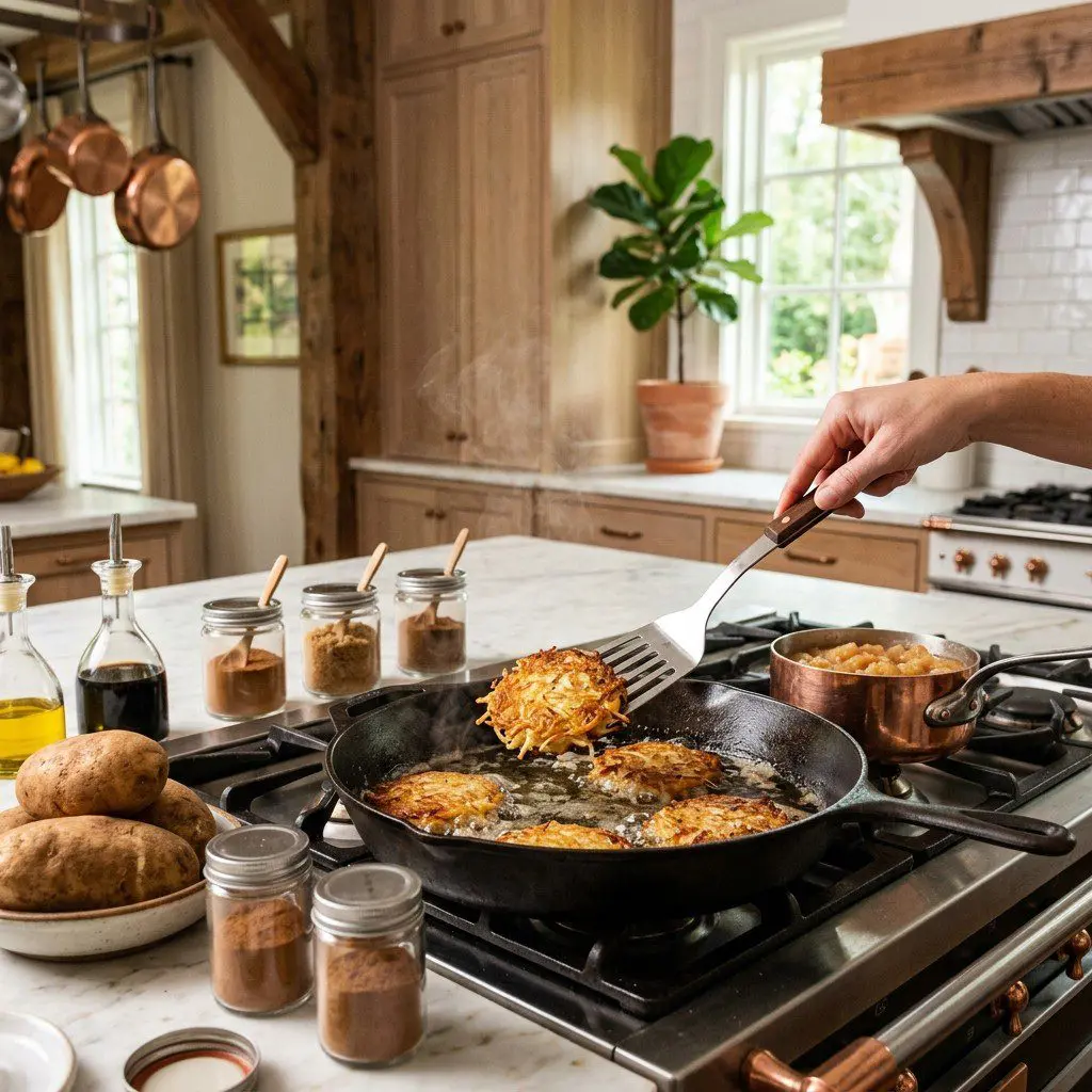 Home cook prepared steps for assembling and cooking Potato Pancakes with Sautéed Applesauce.