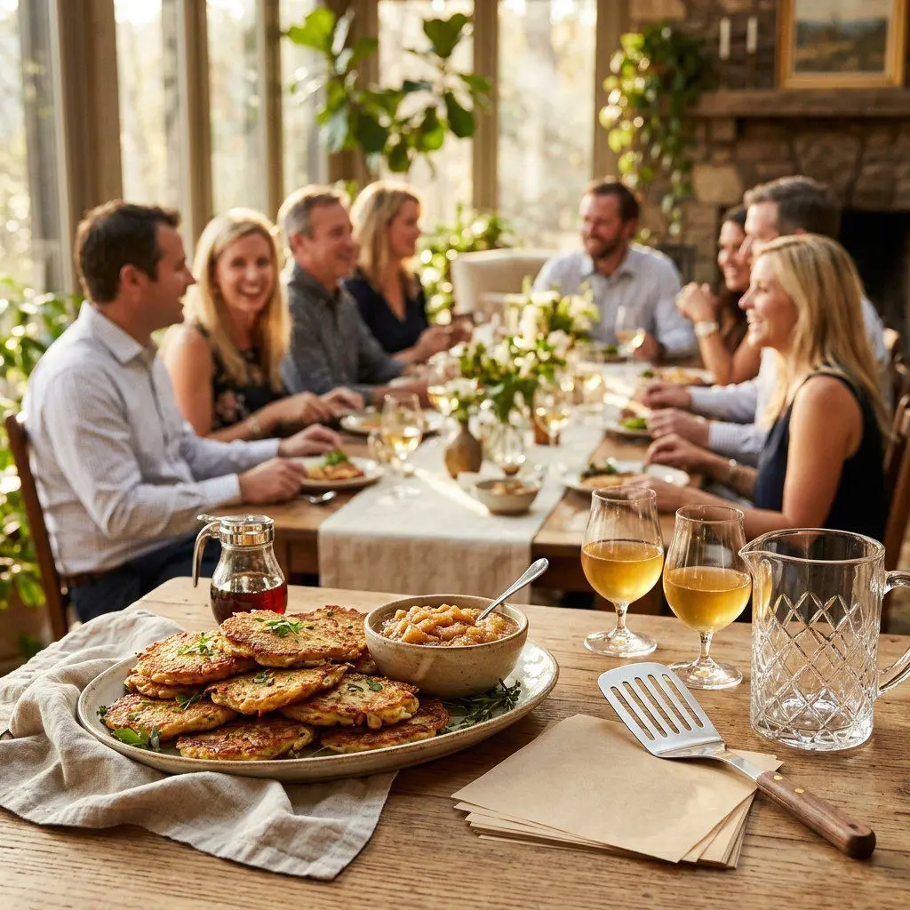 An appetizing, fresh serving of cooked Potato Pancakes with Sautéed Applesauce displayed beautifully on a styled dining table.