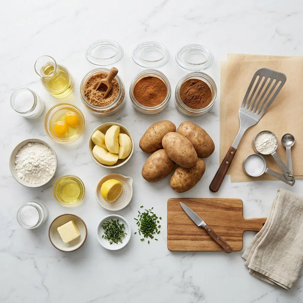 Raw cooking ingredients for Potato Pancakes with Sautéed Applesauce arranged beautifully on a clean kitchen counter.